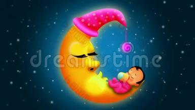 睡在月亮上的婴儿<strong>卡通</strong>，摇篮曲的循环<strong>视频背景</strong>